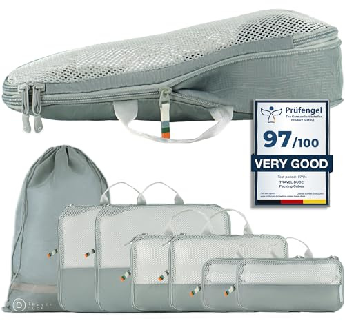 TRAVEL DUDE Packwürfel Set mit Kompression aus recycelten Plastikflaschen, Leichte Packing Cubes, Packtaschen Set für Rucksack und als Koffer Organizer, Zubehör (Stahlblau, 7-teiliges Set)
