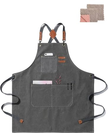 crazy bean Grembiule Cucina Uomo e Donna Tela Grembiule Barbecue con Tasche Croce Posteriore Grembiule Lavoro per Bar Barbecue Grigio Verde