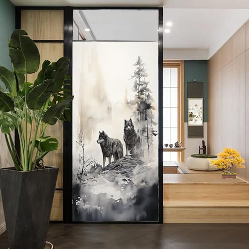 Sichtschutzfolie für Fenster, Motiv: Wolf im Wald, Tinte und Waschstil, cooles Tier, Buntglas-Fensterabdeckungen, statisch haftende Fensterfolie für Zuhause, Büro, Geschäfte, 70 x 100 cm