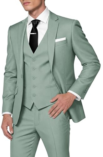HUUTOE Costume 3 pièces élégant pour homme, type smoking, coupe ajustée, avec blazer, gilet et pantalon, pour l’été, mariage, bal de fin d'année, affaires, vert sauge, XX-Small