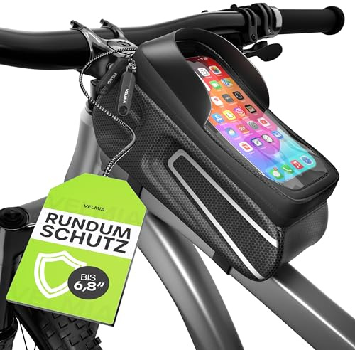 Velmia Bike Phone Holder & Frame Bag | Smartphones up to 6.7 Inch, 1,3 Liter Capacity | 100% Waterproof & Functional Touch Protection | Reflective, Durable, Easy to Install | Bike Accessories, Black