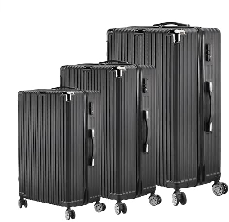 Resväska set 3 delar hårt skal vagn resväska resväska set bagageset rullväska lås 4 hjul ABS hårt skal teleskophandtag, Svart A2, 20/24/28 Zoll, Trolley med hårt skal med svänghjul
