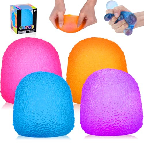 4Pcs Textured Stress Balls for Autism, Squishy Fidget Toys, Sensory Squeeze Hand Exercise Stress Ball Toys for Adults & Kids, Relax, Anxiety, Fidget, Tension and Stress