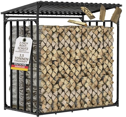 Kaminholzregal Metall verzinkt mit Dach 185x105x185cm für 1m Scheite wetterfestes Brennholzregal für außen Holzunterstand 3,5m³ Holzlager stabile Holzstapelhilfe mit Wellblechdach