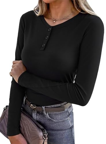 Terecey Camiseta Básica Mujer Manga Larga Cuello en V con Botones | Suave, Elegante, Punto, Casual, Oficina, Tacto Ligero y Flexible, Blusa, Sólido