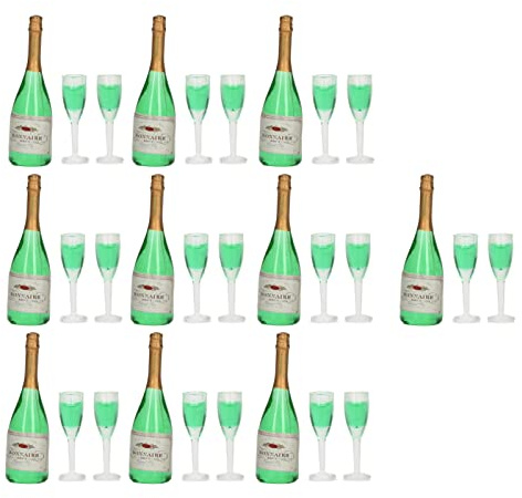 SPYMINNPOO Exquisito juego de champán en miniatura para casa de muñecas, 10 juegos de mini botellas de vino y copas realistas para decoración de casa de muñecas