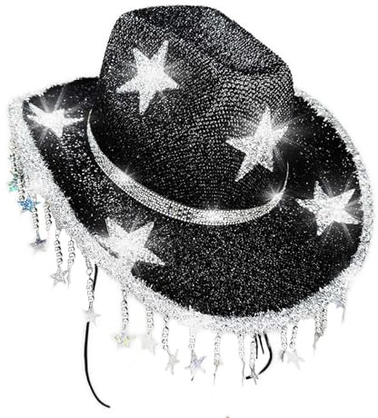 Generisch Sequin Hat Men Women Glitter Cowboy Hat and Cowgirl Hat Shiny Western Hat Retro Hippie Party Hats with Rhinestone Tassel Fashion Stage Hat Disco Costume Accessories for Fancy Dress Party