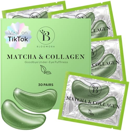 Matcha och kollagen ögonkuddar mot ögonringar 30 par för trötta ögon | Närande formel stöder fukt och är hudvänlig