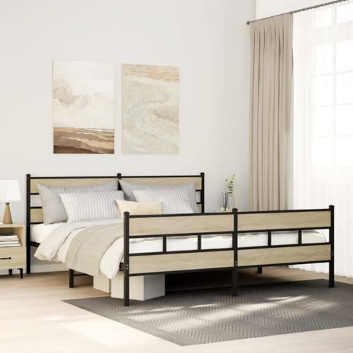 Goyphonic Metallsängram Sonoma-ek 183 x 213 cm, robust stålsäng med ribbotten, extra förvaringsutrymme, huvud- och fotdel för sovrumsmöbler, plattformssäng utan madrass