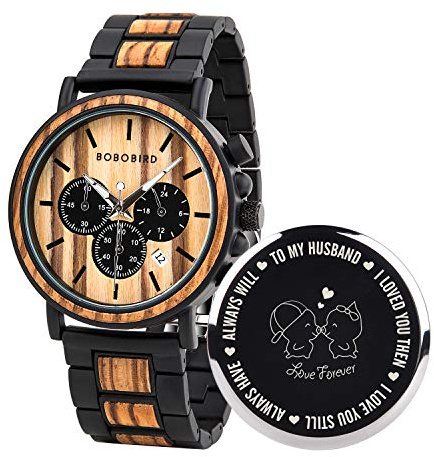BOBO BIRD Mens Personalized Engraved Wooden Watches, Stylish Wood & Stainless Steel Combined Quartz Casual Wristwatches for Men Family Friends Customized Watch, D-For Husband, Classic