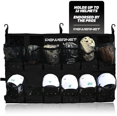 PowerNet Softball & Baseball Helmet Hanging Organizer, 12 Pocket Glove & Helmet Storage Holder & Dugout Organizer, Portable Baseball Gear Training Equipment Holder (Black)