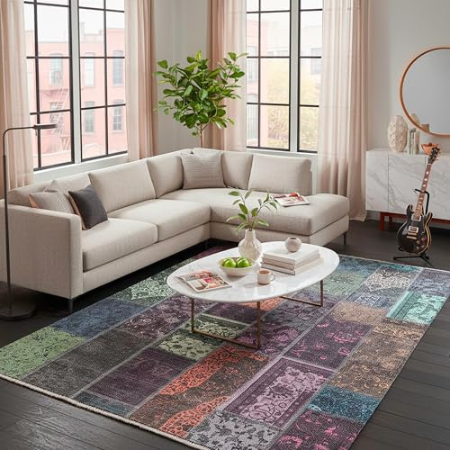 TESSO LIVING Kelim Patchwork Teppich Mehrfach 155 X 225 cm - Maschinenwaschbar - Moderner Kurzflor Wohnzimmer Teppich - Super Soft