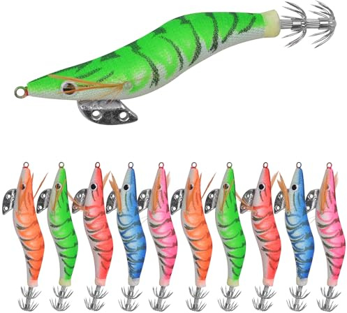 Squid Jigs Luminous Hard Shrimp Lures Artificial Bait Tail Fishing Jigs Hook Colorful Squid Lures for Octopus Cuttlefish Sea Fishing (3.0#-10PCS)
