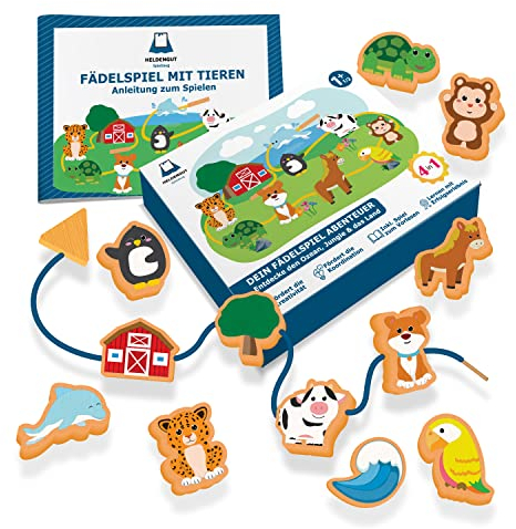 HELDENGUT® geliebtes 4in1 Fädelspiel ab 18 Monate [Extra große Holzfiguren] - Motorikspielzeug für die Entwicklung von Kindern - Montessori Spielzeug auch ideal ab 2 Jahre für Mädchen & Junge