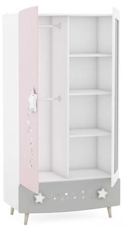 Befara Guardaroba Cosmos per Bambini, Bianco Opaco/Grigio/Rosa, Armadio
