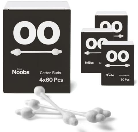Wattestäbchen für Babyohren von LoveNoobs, 100% Baumwolle, GOTS Zertifiziert, 240 Stäbchen in 4x60 Packungen, Umweltfreundlich Ohrenstäbchen