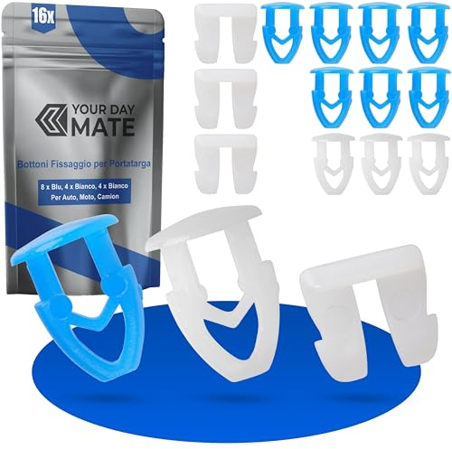 Bottoni Fissaggio Set per Portatarga, 16 pezzi, 8 x blu, 4 x bianco ciascuno, clip per targa, number plate moto, portatarga auto, rivetti screws car, clip di fissaggio per plate