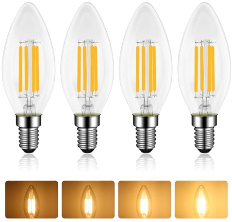 Bombilla LED E14 Vela, Regulable Filamento LED 4W, Equivalente a 40W Incandescente, Blanco Cálido 2700K, 400 Lúmenes, AC 230V, Vintage C35 Transparente Vela Forma, para Candelabro, Paquete de 4