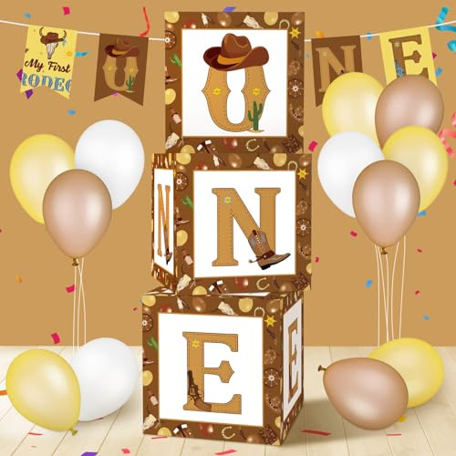 Honoson 3 Pcs My First Rodeo Balloon Boxes with ONE Letters Cowboy 1st Birthday Decorations Birthday Party Decor for Boy Girl Cake Smash Backdrop Baby Shower Photo Prop (Brown)