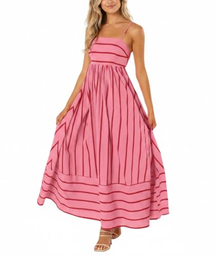chouyatou Women's Striped Back Smocked Maxi Dress Sexy Spaghetti Strap Cut Out Flowy Swing Long Dress (Large, Watermelon Red)