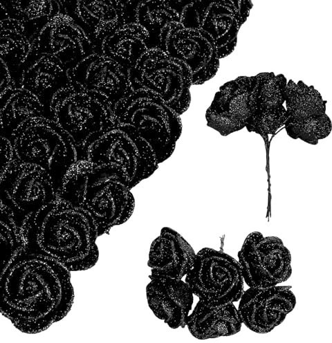 INSUNSIX Black Glitter Roses Bouquet,72PCS Mini Foam Roses Artificial Roses with Stems for DIY Wedding Home Party Christmas Halloween Decoration(Black)