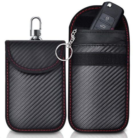 2 Stück Autoschlüssel Hülle,Schlüsseltasche,Schlüsselbox Keyless Go Schutz Autoschlüssel Box,RFID Blocker Autoschlüssel Tasche,Karbonfasern Schlüsseletui für Autoschlüsselkasten Pouch (roter Faden)