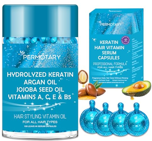 100 Capsules Styling Serum With Keratin, Treatment Oil for Frizzy Hair, Serum With Vitamins A, C, E & B5, Argan Avocado Oil for All Types, Leave-in Conditioner for Women & Men