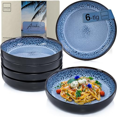 SÄNGER Aruba| Steingut Pastaschalen 6 tlg, Nudel Schalen Set 6 Personen, Schüssel Set spülmaschinenfest mikrowellenfest kratzfest, große Schüssel blau mit schwarzem Rand 750 ml | VALUE COLLECTION