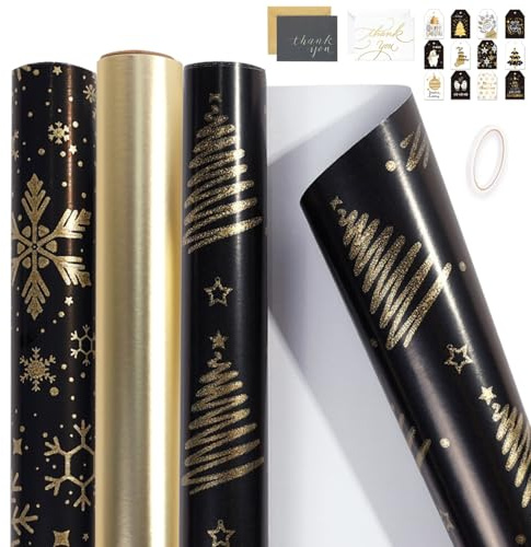 3 Rullar Vändbart Jul Omslagspapper - Metallfolie Snöflinga Julgran Vintage Presentförpackning Julpapper för Julklapp