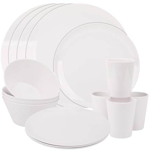 Event Decor Shop 16-Piece White Coloured Melamine Dinner Set | Plates, Dessert Plates, Bowls & Cups | Service for 4 | Reusable & Lightweight | Perfect for Indoor, Outdoor, Picnics & Camping