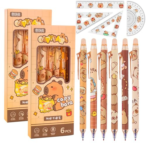 Clvsyh 16 Pièces Capybara Papeterie Set, 12 Stylos Capybara Stylos Rétractables + 4 Capibara Règle, 0,5 mm Rouleau à Encre Capybara, Papeterie Pour Enfants, Fournitures De Bureau