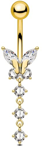OUFER 14G 10mm Farfalla Barra per Ombelico Acciaio chirurgico 316L Oro Piercing Ombelico Marquise CZ Trasparente Belly Bar Pendenti Bananabells Barbell Corpo Gioielli per donne