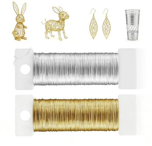 2Pcs 50m Jewellery Wire, 0.35mm Soft Silver Metal Wire, Metal Wirem for Jewellery Making, DIY Craft Wire for Beading, Sculpting, Floral Arrangements & Wedding Decor (Silver, Gold)
