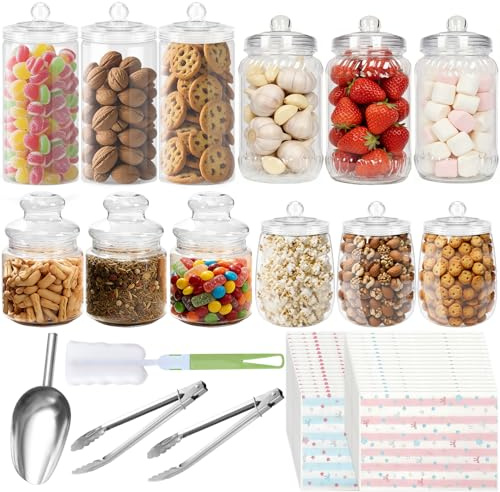 Mssushi 12 Tarros para Chuches de Plástico Reutilizables, Candy Bar Tarros de 4 Estilos, con Tapa Transparente, Estilo Retro, 2 Lengüetas, 1 Pala, 80 Bolsas, 1 Cepillo