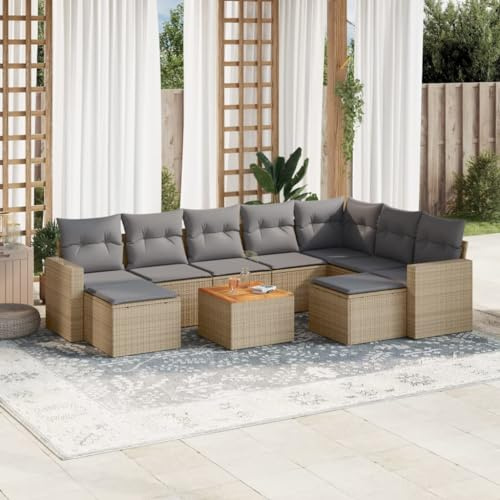 QJBSAVVA Ensemble de 10 meubles de jardin en rotin beige 62 x 62 x 69 cm, groupe de sièges modulaire avec table en acacia, rotin synthétique robuste, peu encombrant pour jardin, terrasse et balcon