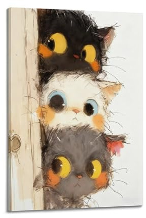 Stampa artistica da parete su tela con tre gattini che fanno capolino su tela, decorazione artistica da parete, adatta per camera dei bambini, bagno, sala da pranzo, 60 x 90 cm