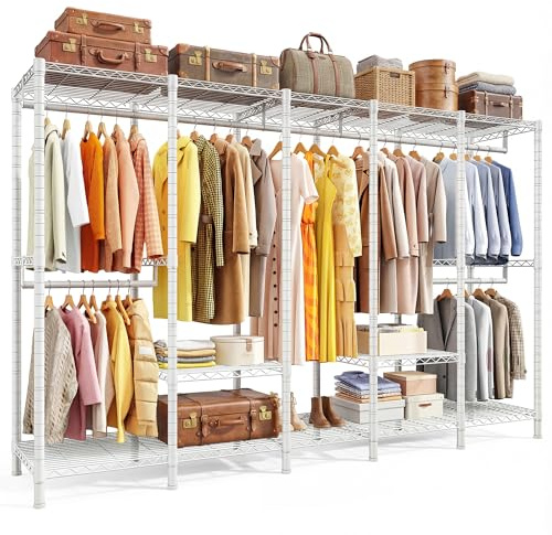 Cliporix 544kg Heavy Duty Clothes Rail, Adjustable Shelves, White | Reinforced carbon steel,exclusive 5-rail hanging system, extra shelf, tool-free, spacious, walk-in closet,open wardorbe