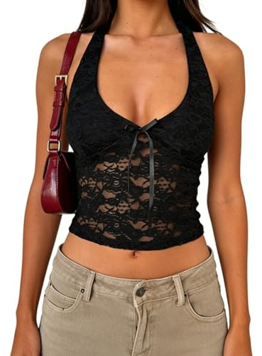 HTTDSLF Top con Cuello Halter para Mujer Sexy Sin Mangas Escote en V Profundo Tops de Encaje Y2K Top Corto con Cuello Halter, Camiseta de Verano de Espalda Descubierta Y2K Mujer para Fiestas en Club