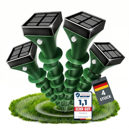 Maulwurf Vertreiber Solar 4er Set,Ultraschall und Vibrations Maulwurfschreck,gegen Wühlmäuse Maulwurf Marder Schlangen,IP65 Wasserdicht für Garten, Rasen und Beete