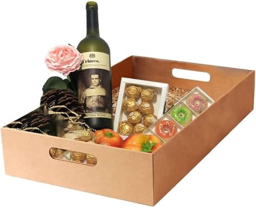 Tezraftaar® 5 x Cardboard Gift Hamper Tray 16 x 10.5 x 4 (40cm x 26cm x 10cm) Empty Patch Handle Serving Tray for Gifts Display Drink Cans