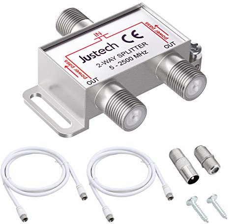 Justech SAT-Verteiler 2-Fach Splitter 2-Wege Verteiler TV Radio F-Stecker Adapter TV Fernseh Adapter mit 2x 1.5m Kabel + 1x F Stecker auf Koax Stecker + 1x F Buchse auf Koax Kupplung