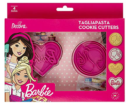 Decora 0403000 Set 2 Tagliapasta E 2 Marcatori Barbie, In Plastica, Il Kit Ideale per Creare Decorazioni in Pasta di Zucchero o di Gomma, Made in Italy, Design originale. Confezione da 2 pezzi.