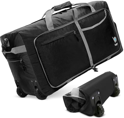 Bago Borsone pieghevole con ruote, 68,6 cm, 76,2 cm, 78,7 cm, 80 l, 100 l, 120 l, borsa da viaggio impermeabile, resistente e leggero, per viaggi, borsone da viaggio con ruote, nero, 120L, Pieghevole