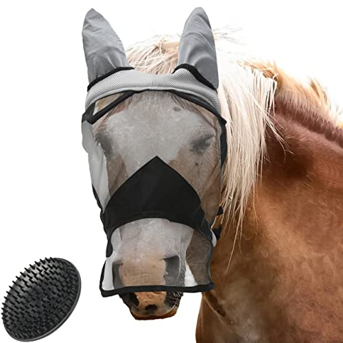 valuents Masque anti-mouches pour chevaux gris - Bonnet anti-mouches - Protection nasale - Protection UV - Disponible en 4 tailles pour poney + Plus : brosse cheval
