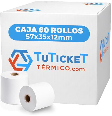 TuTickeT TÉRMICO.com - Rollo de Papel Térmico 57x35x12 mm (60 uds) para Caja Registradora, TPV, Datáfono, Impresora Termica de Ticket con Salida de 57mm de Ancho. Sin Bisphenol A