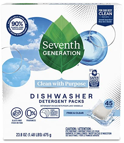 Dishwasher Detergent Packs, Free & Clear, 45 Packs, 23.8 oz (675 g), Seventh Generation