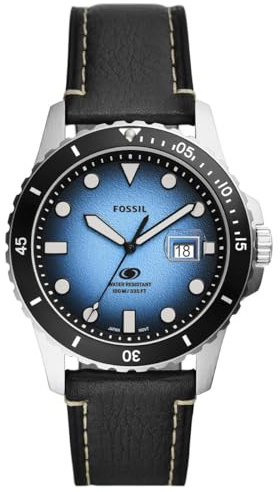 Fossil Blue Uhr für Herren, Quarzwerk mit Edelstahl- oder Lederarmband, Schwarz, 42MM