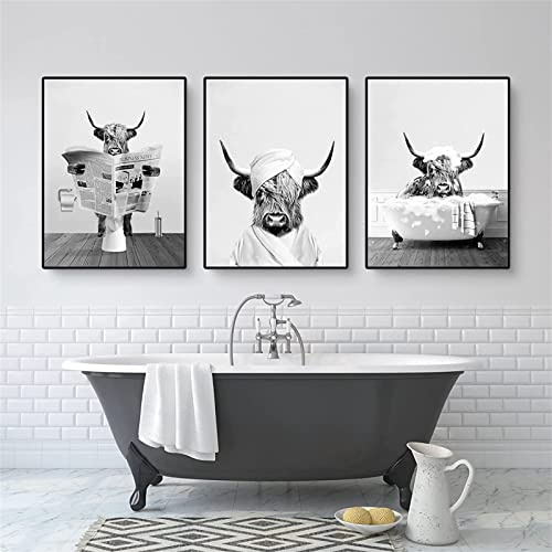 Trayosin 3er Poster Set, Lustige Hochland Kuh Badezimmer Bilder,Schwarz Weiß Leinwand Bild,Wandkunst Bauernhaus Badezimmer Wanddeko Kunst,Rustikale Stil Wandbilder,ohne Rahmen (21x30cm)