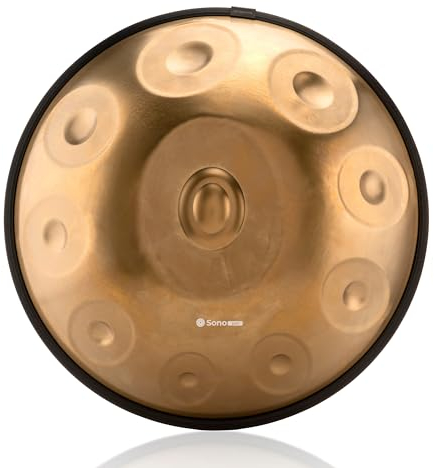 Sonodrum Handpan aus Edelstahl in Gold - 10 Töne gestimmt in D-Kurd (D Moll), in 440 Hz. Sonopan inkl. zubehör: Liederbuch und Tragetasche. Percussion Instrument für Meditation, Yoga und Entspannung.