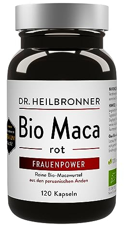 Dr. Heilbronner Bio Maca-rot-Kapseln Frauenpower Superfood 120 Kapseln vegan in der Glasflasche I peruanische Maca-Wurzel-Pulver